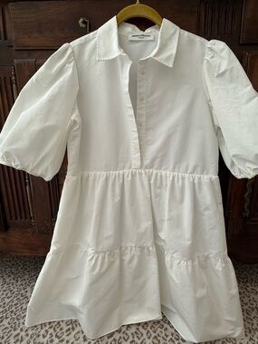 Amanda Uprichard White Puff-Sleeve Tiered Cotton Midi Dress